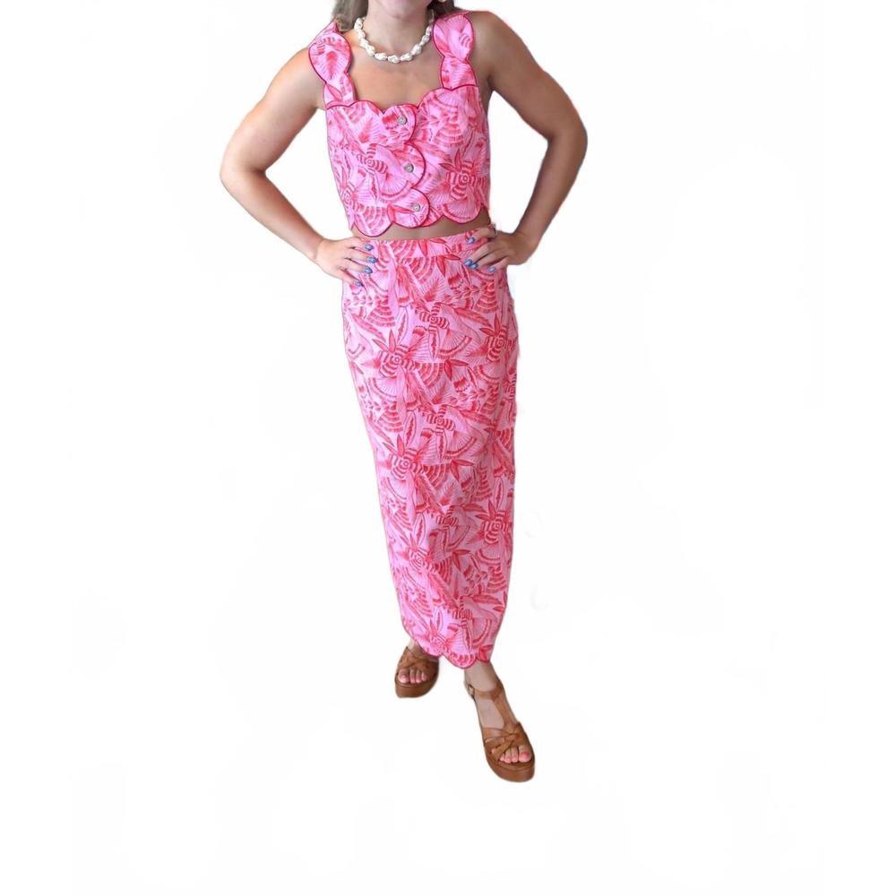NEW KARLIE tropical linen midi skirt in pink